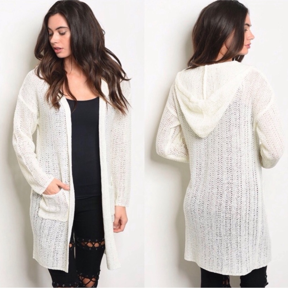 Ivory Knit Hooded Oversized Cardigan